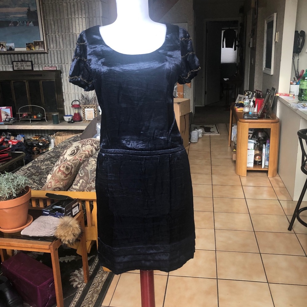 Navy dress with chainmail embellishments
